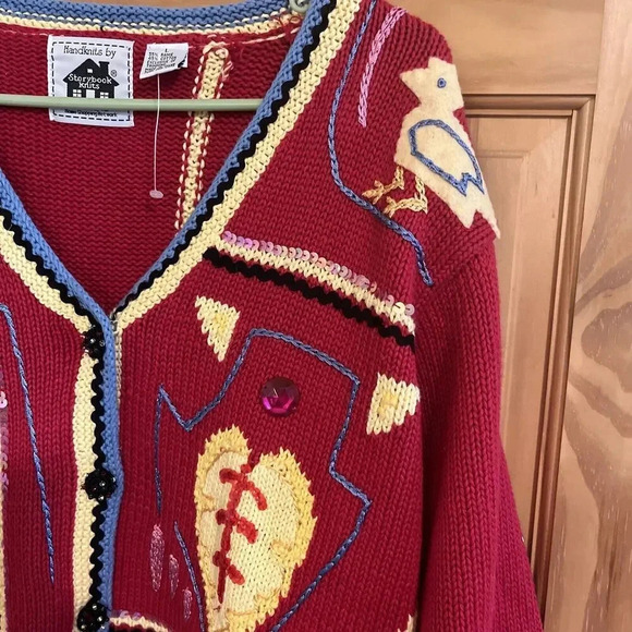 Vintage Storybook Knits Sweater Mola Festival HSN Chickens Size Large Womens Red - Picture 5 of 9